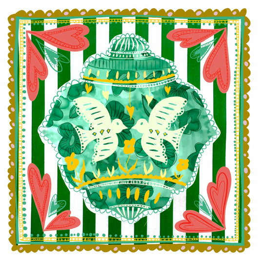 Illustrated Greetings Card (blank inside) with Kraft Brown Envelope (145mm x 145mm) - Green Baubles