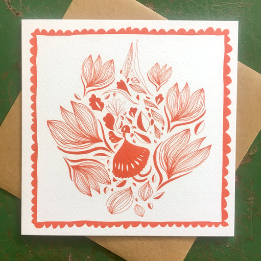 Illustrated Greetings Card (blank inside) with Kraft Brown Envelope (145mm x 145mm) - The Nature Lover (orange)
