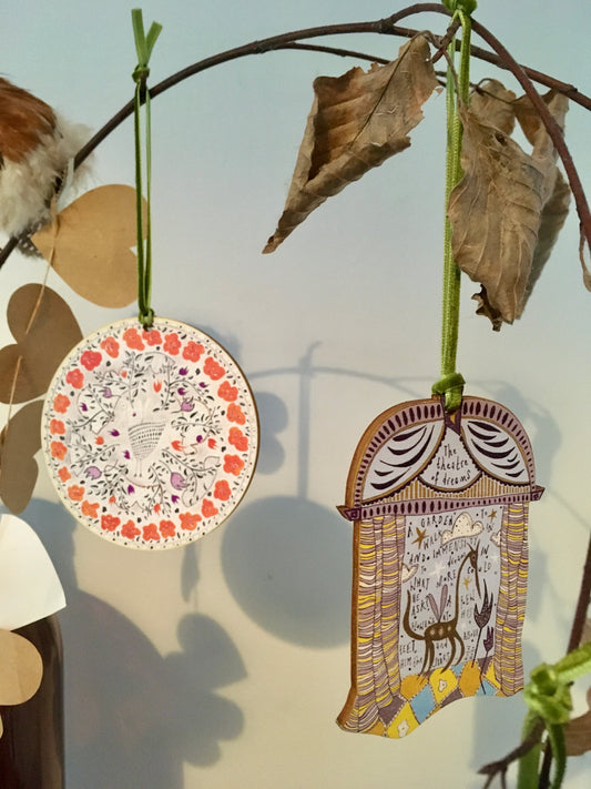 Wooden Hanging Decoration with olive green velvet ribbon - A Garden of Dreams