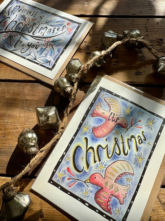 Pack of 5 - Illustrated Greetings Card (blank inside) with Kraft Brown Envelope (127mm x 177mm) - Two Turtle Doves