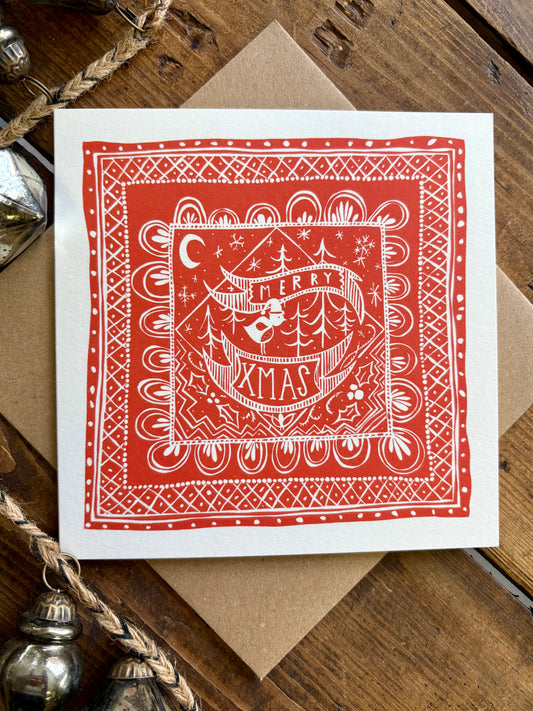 Illustrated Greetings Card (blank inside) with Kraft Brown Envelope (145mm x 145mm) - Merry Xmas (orange)