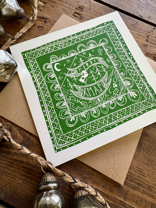Pack of 5 - Illustrated Greetings Card (blank inside) with Kraft Brown Envelope (145mm x 145mm) - Merry Xmas (Green)