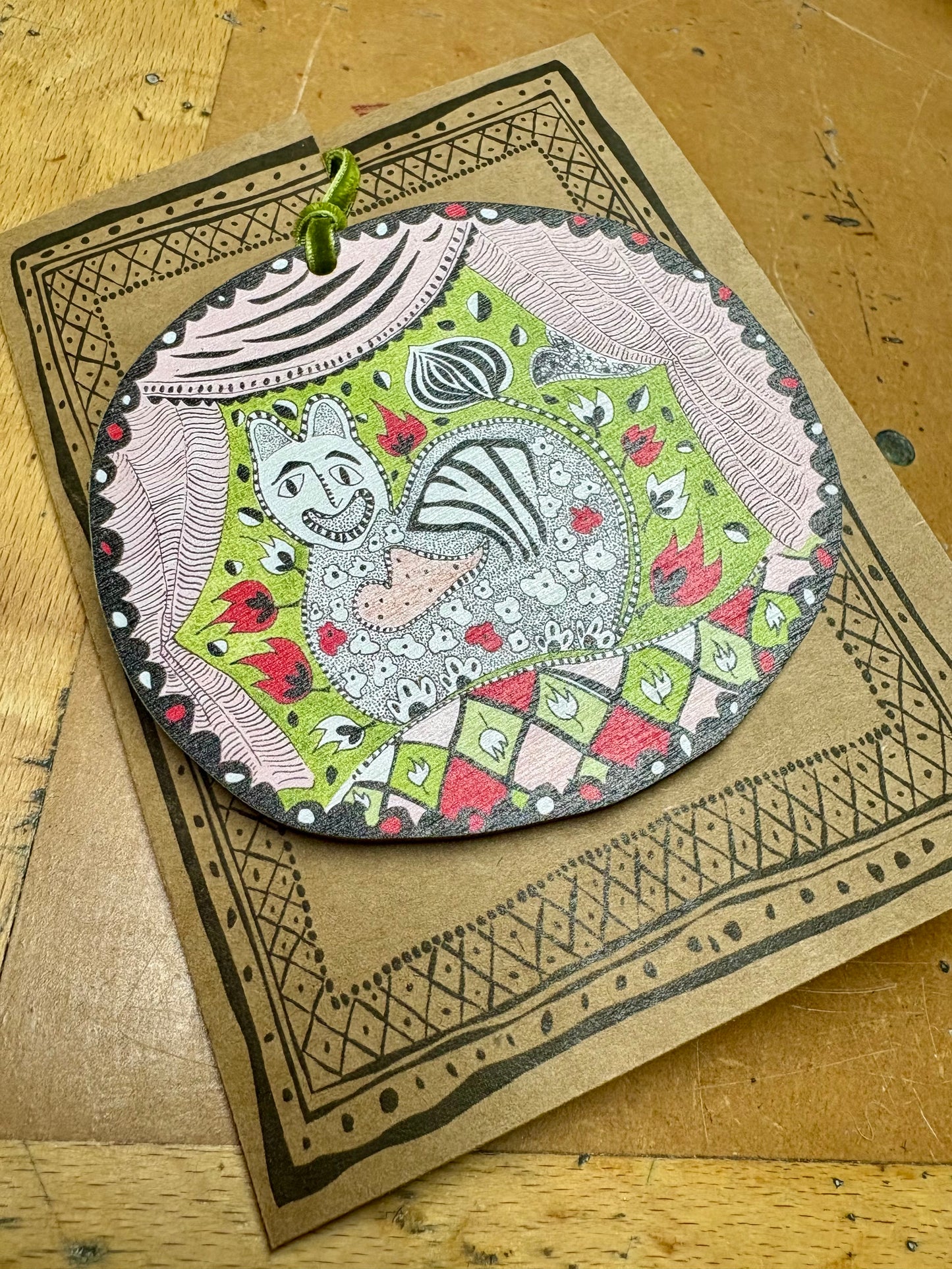 Wooden Hanging Decoration with olive green velvet ribbon - Meow Bauble