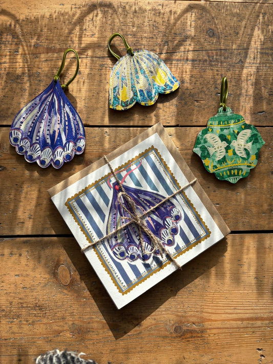 Pack of 5 - Illustrated Greetings Card (blank inside) with Kraft Brown Envelope (145mm x 145mm) - Blue Baubles (Copy)