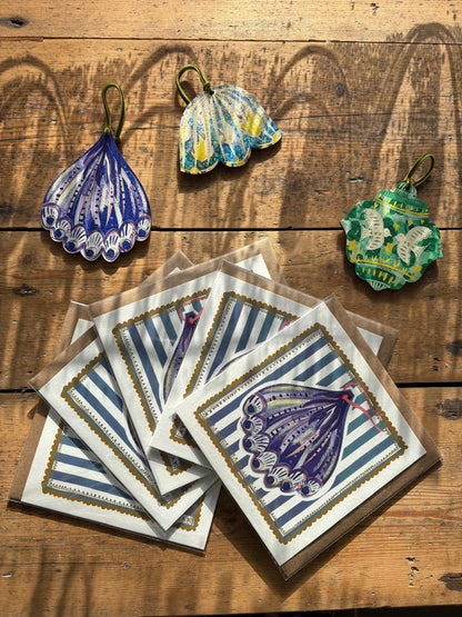 Pack of 5 - Illustrated Greetings Card (blank inside) with Kraft Brown Envelope (145mm x 145mm) - Blue Baubles (Copy)