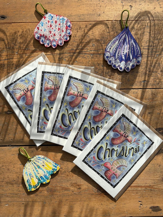 Pack of 5 - Illustrated Greetings Card (blank inside) with Kraft Brown Envelope (127mm x 177mm) - Two Turtle Doves