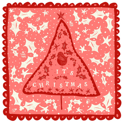 Pack of 5 - Illustrated Greetings Card (blank inside) with Kraft Brown Envelope (145mm x 145mm) - It’s Christmas (tree and robin)