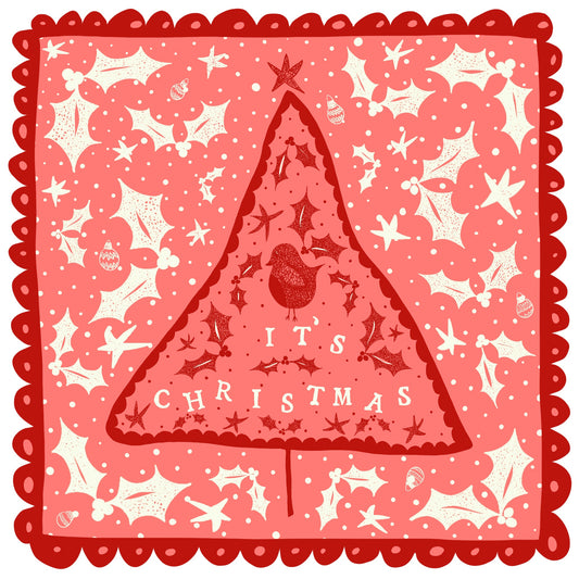 Illustrated Greetings Card (blank inside) with Kraft Brown Envelope (145mm x 145mm) - It’s Christmas (tree and robin)