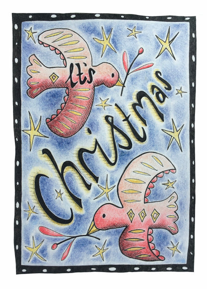 Pack of 5 - Illustrated Greetings Card (blank inside) with Kraft Brown Envelope (127mm x 177mm) - Two Turtle Doves