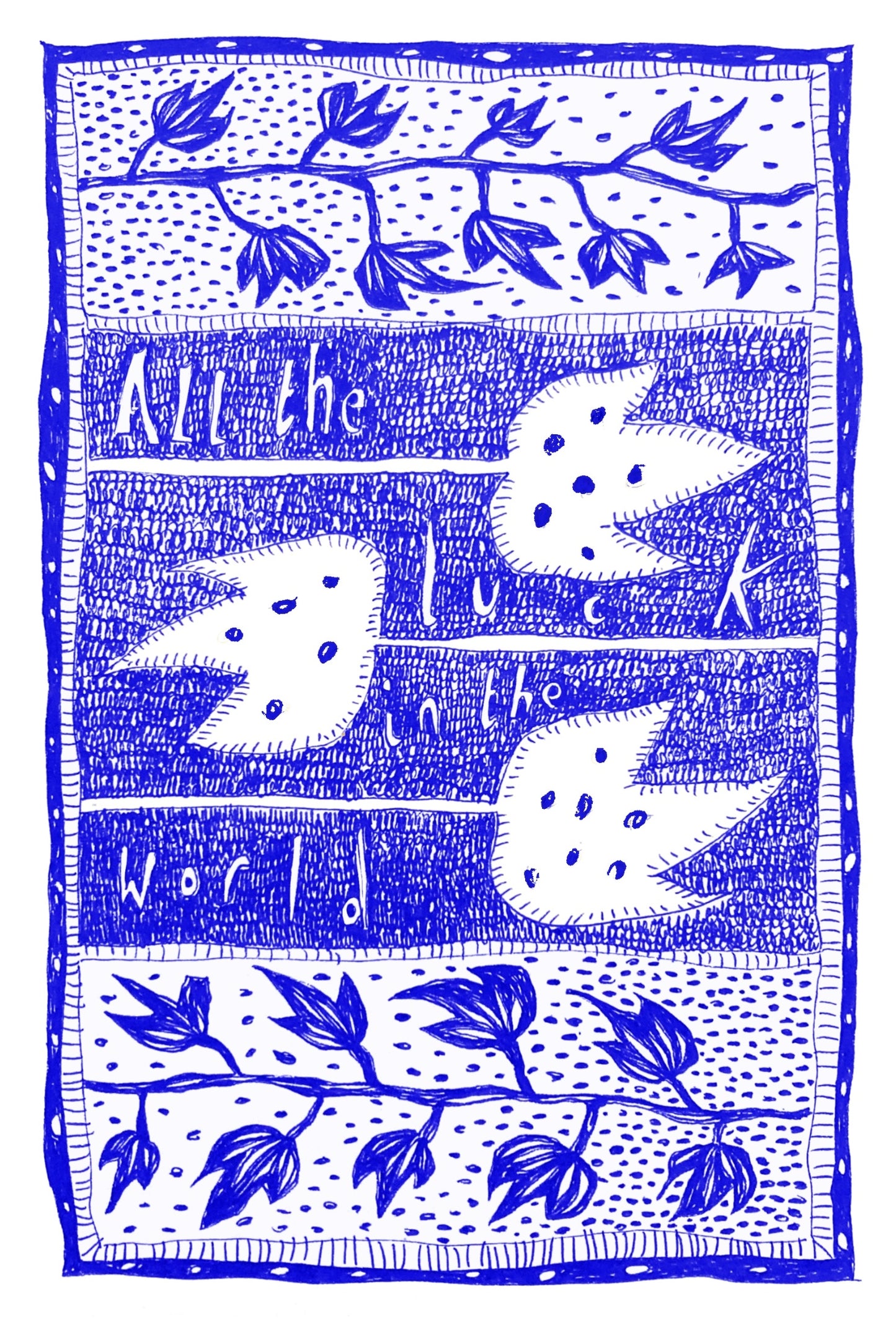 Illustrated Greetings Card (blank inside) with Kraft Brown Envelope (127mm x 177mm) - All The Luck (Blue)