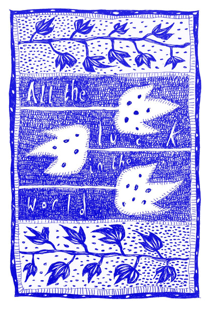 Illustrated Greetings Card (blank inside) with Kraft Brown Envelope (127mm x 177mm) - All The Luck (Blue)