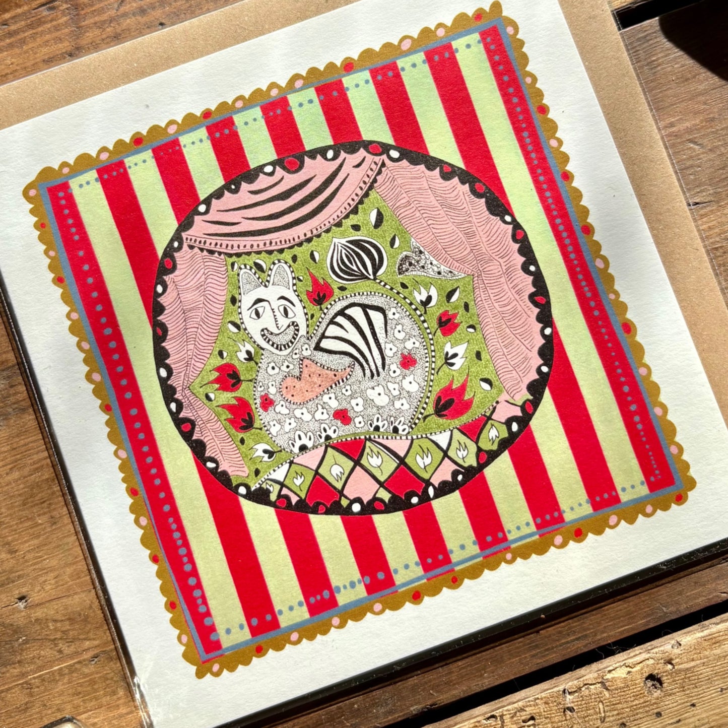 Illustrated Greetings Card (blank inside) with Kraft Brown Envelope (145mm x 145mm) - Xmas Purr-fection