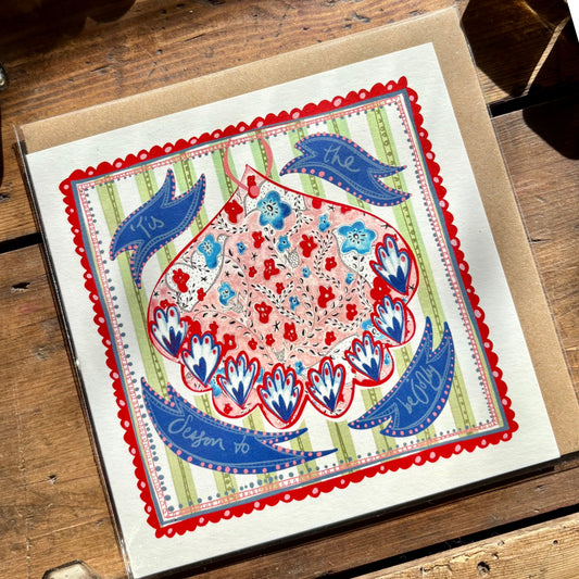 Illustrated Greetings Card (blank inside) with Kraft Brown Envelope (145mm x 145mm) - Red Baubles