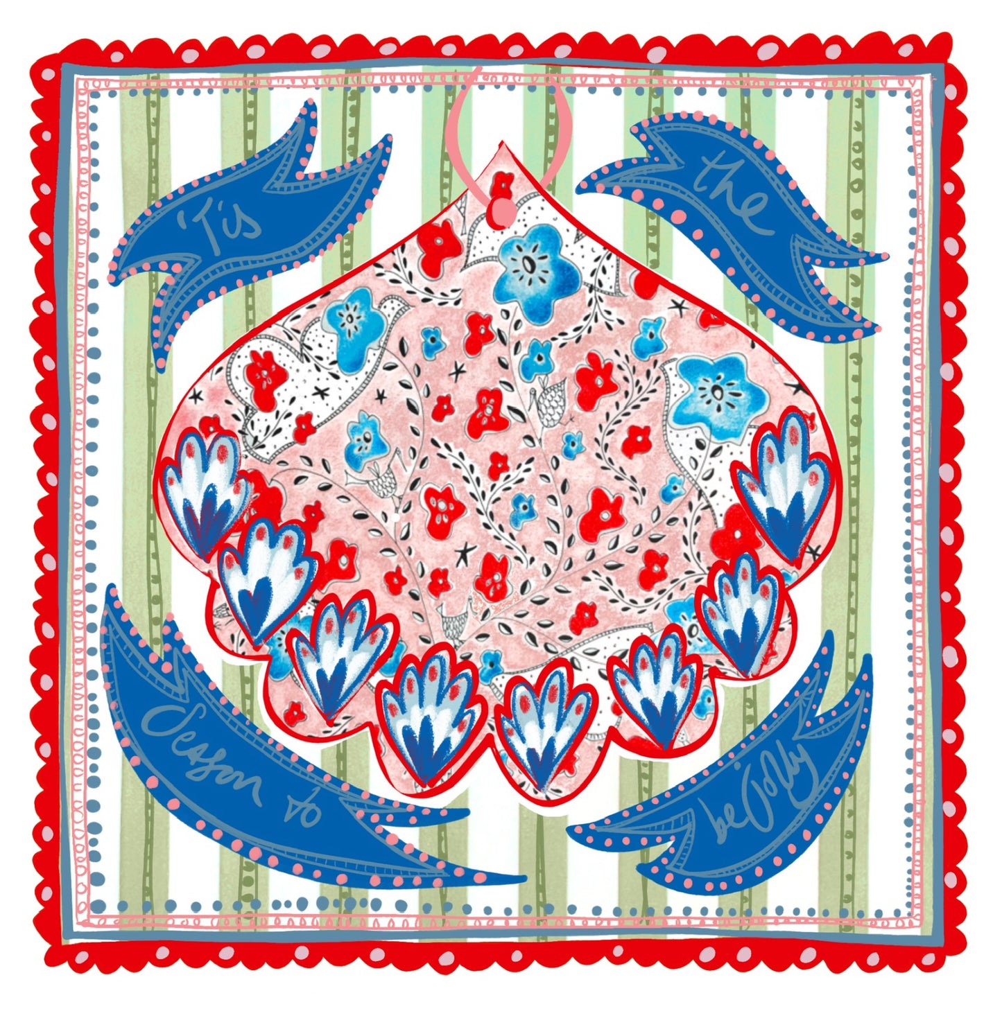 Pack of 5 - Illustrated Greetings Card (blank inside) with Kraft Brown Envelope (145mm x 145mm) - Red Baubles