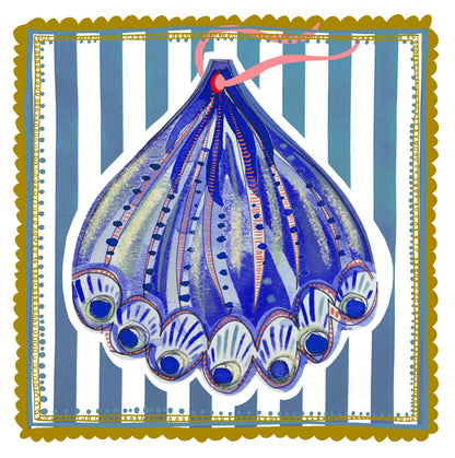 Pack of 5 - Illustrated Greetings Card (blank inside) with Kraft Brown Envelope (145mm x 145mm) - Blue Baubles (Copy)