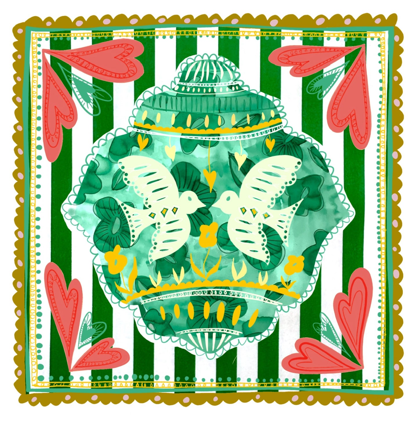 Pack of 5 - Illustrated Greetings Card (blank inside) with Kraft Brown Envelope (145mm x 145mm) - Green Baubles