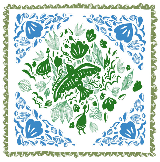 Illustrated Greetings Card (blank inside) with Kraft Brown Envelope (145mm x 145mm) - Diamonds and Birds (Green/blue)