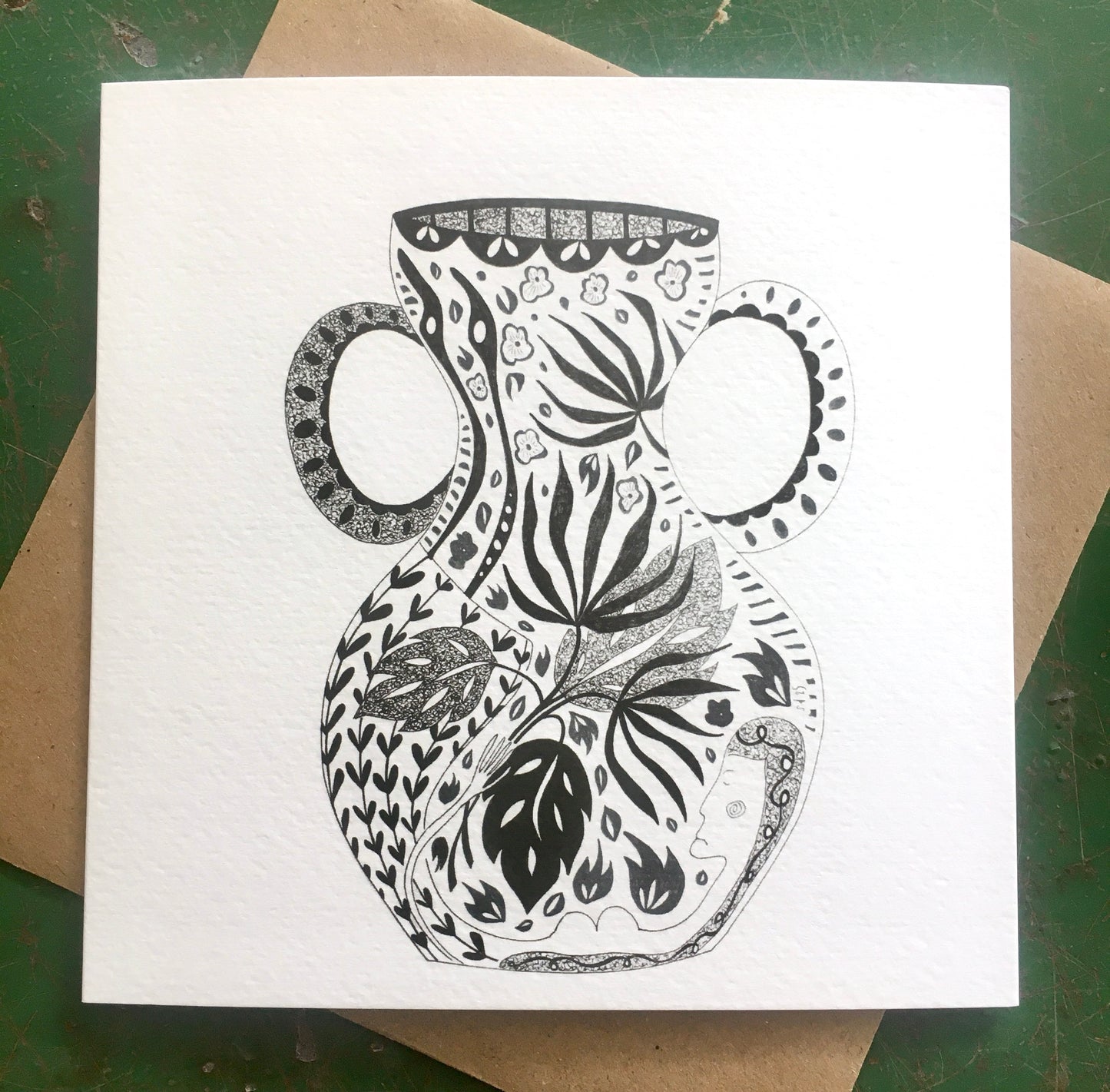 Illustrated Greetings Card (blank inside) with Kraft Brown Envelope (145mm x 145mm) - Vase No. 1