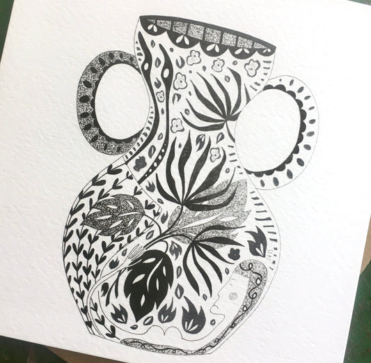 Illustrated Greetings Card (blank inside) with Kraft Brown Envelope (145mm x 145mm) - Vase No. 1