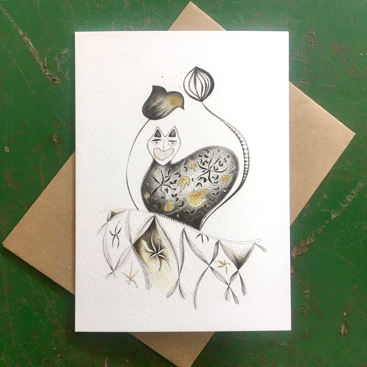 Illustrated Greetings Card (blank inside) with Kraft Brown Envelope (127mm x 177mm) - Meow