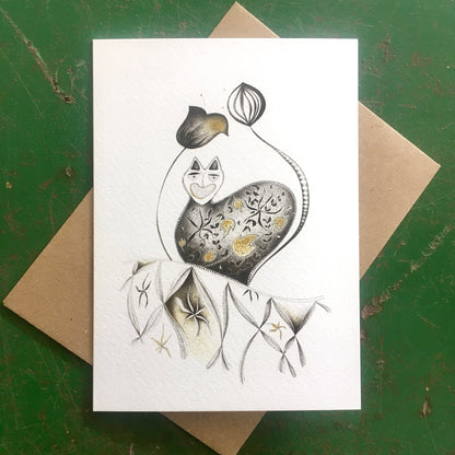 Illustrated Greetings Card (blank inside) with Kraft Brown Envelope (127mm x 177mm) - Meow