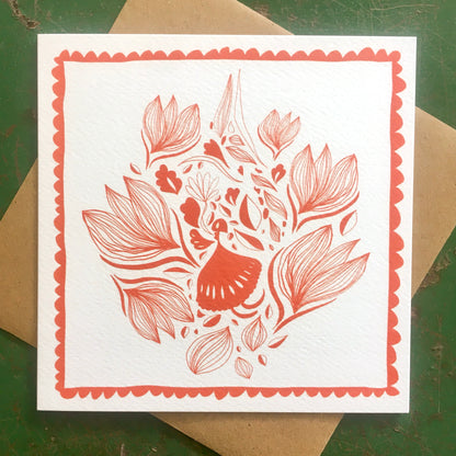 Illustrated Greetings Card (blank inside) with Kraft Brown Envelope (145mm x 145mm) - The Nature Lover (orange)