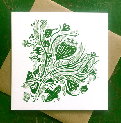 Illustrated Greetings Card (blank inside) with Kraft Brown Envelope (145mm x 145mm) - Bouquet (green)