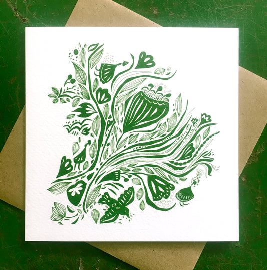 Illustrated Greetings Card (blank inside) with Kraft Brown Envelope (145mm x 145mm) - Bouquet (green)
