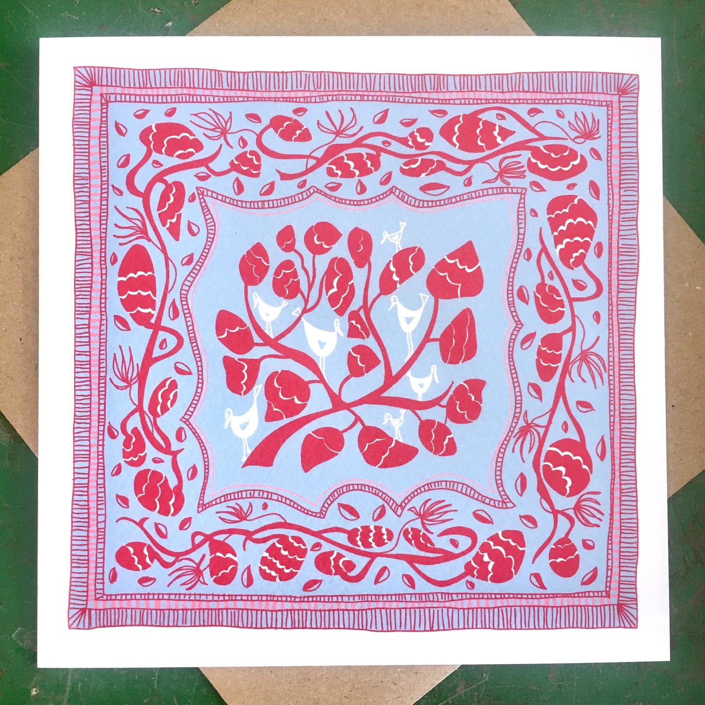 Illustrated Greetings Card (blank inside) with Kraft Brown Envelope (145mm x 145mm) - ‘A Bird in the Hand’ (blue)