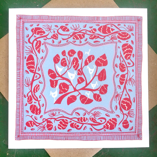 Illustrated Greetings Card (blank inside) with Kraft Brown Envelope (145mm x 145mm) - ‘A Bird in the Hand’ (blue)