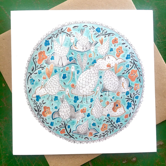 Illustrated Greetings Card (blank inside) with Kraft Brown Envelope (145mm x 145mm) - Blue Round