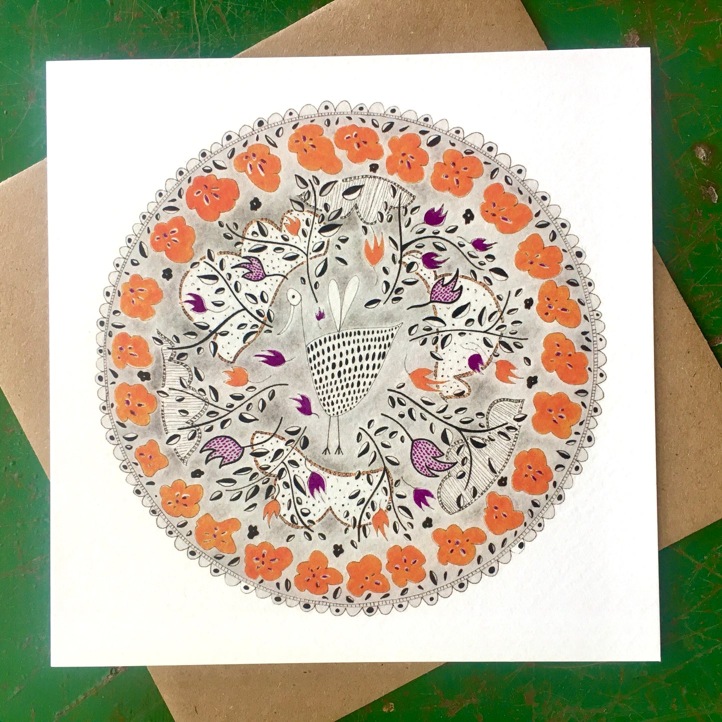 Illustrated Greetings Card (blank inside) with Kraft Brown Envelope (145mm x 145mm) - Orange Round
