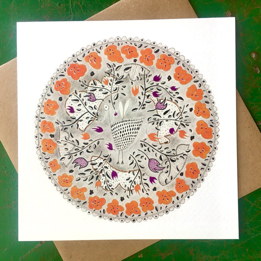 Illustrated Greetings Card (blank inside) with Kraft Brown Envelope (145mm x 145mm) - Orange Round