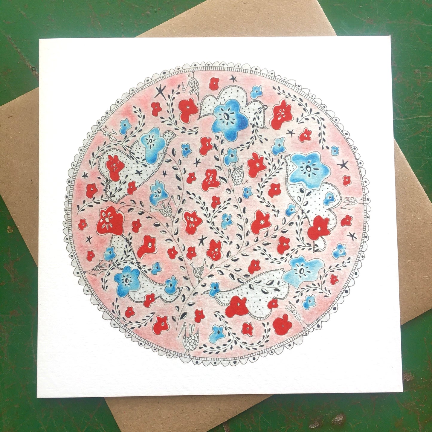 Illustrated Greetings Card (blank inside) with Kraft Brown Envelope (145mm x 145mm) - Red Round