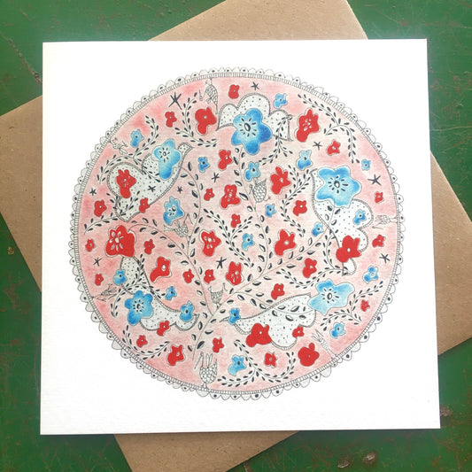 Illustrated Greetings Card (blank inside) with Kraft Brown Envelope (145mm x 145mm) - Red Round