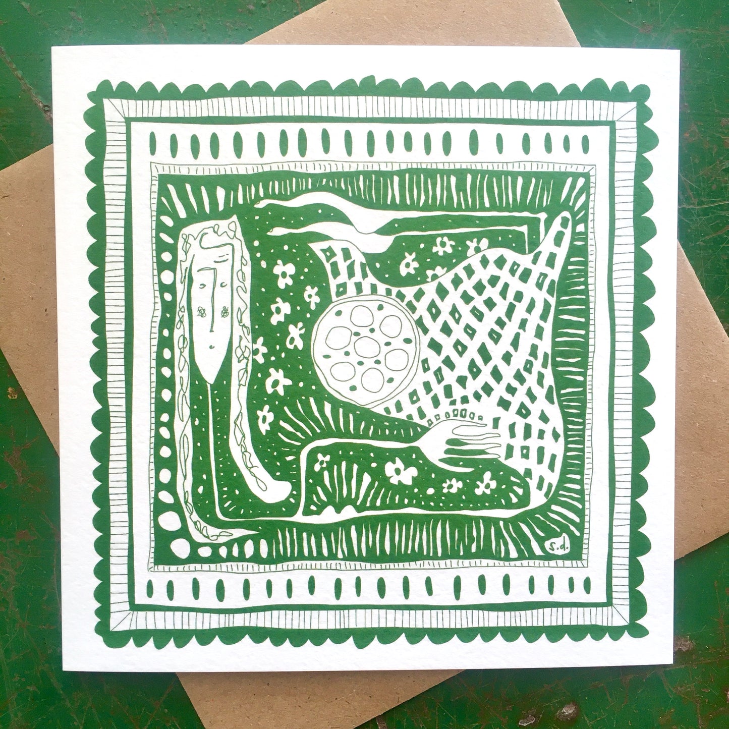 Illustrated Greetings Card (blank inside) with Kraft Brown Envelope (145mm x 145mm) - In Her Box (Green)