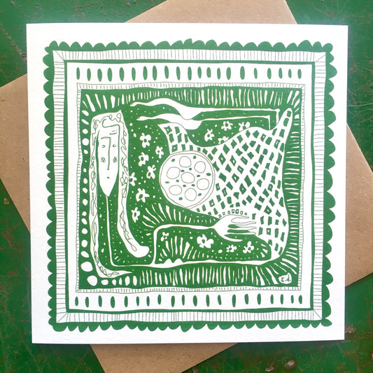 Illustrated Greetings Card (blank inside) with Kraft Brown Envelope (145mm x 145mm) - In Her Box (Green)