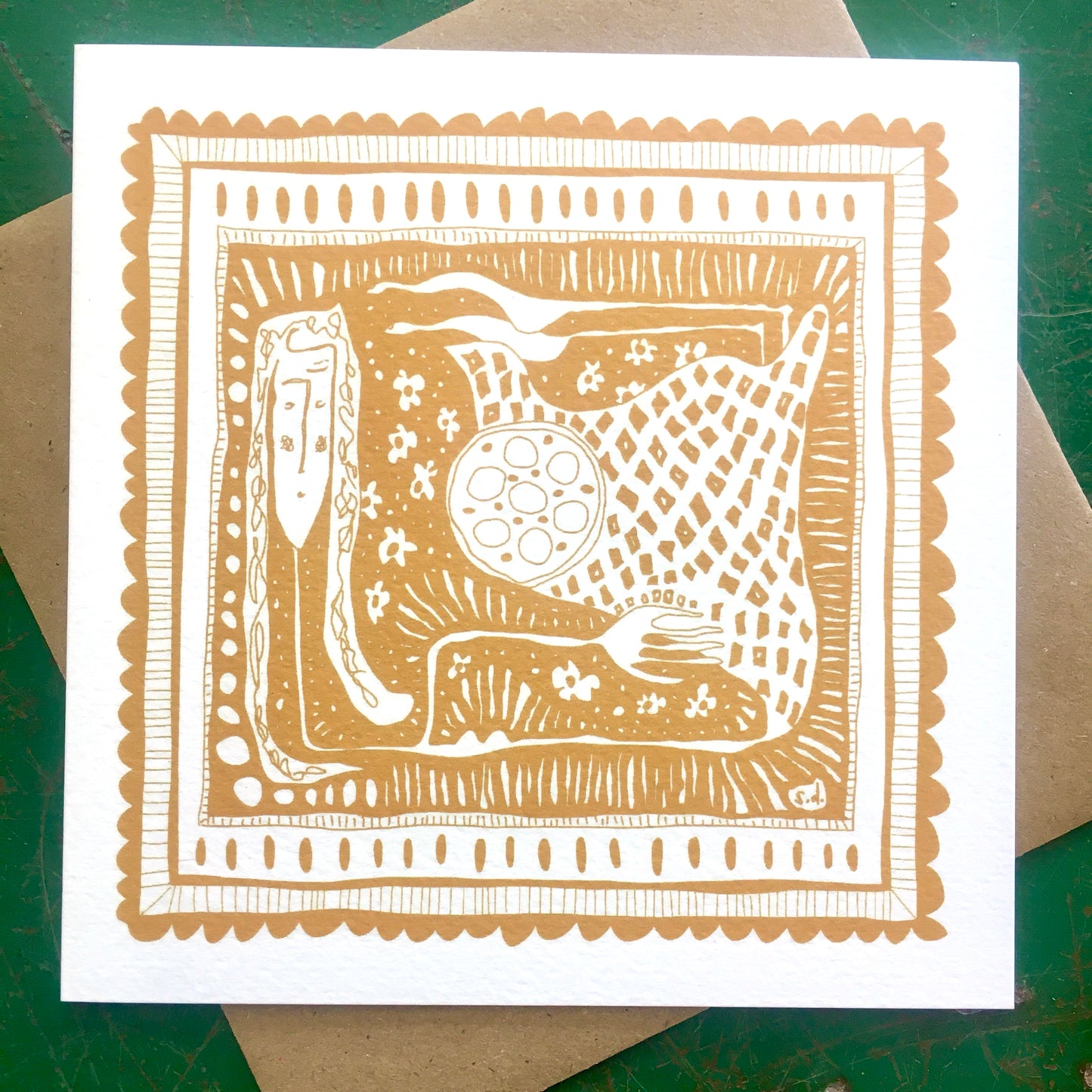 Illustrated Greetings Card (blank inside) with Kraft Brown Envelope (145mm x 145mm) - In Her Box (gold)