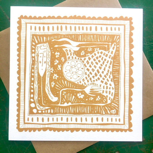 Illustrated Greetings Card (blank inside) with Kraft Brown Envelope (145mm x 145mm) - In Her Box (gold)