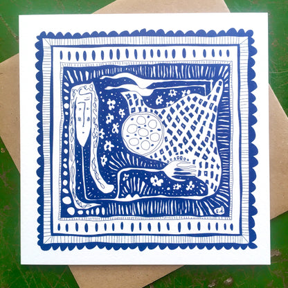 Illustrated Greetings Card (blank inside) with Kraft Brown Envelope (145mm x 145mm) - In Her Box (blue)