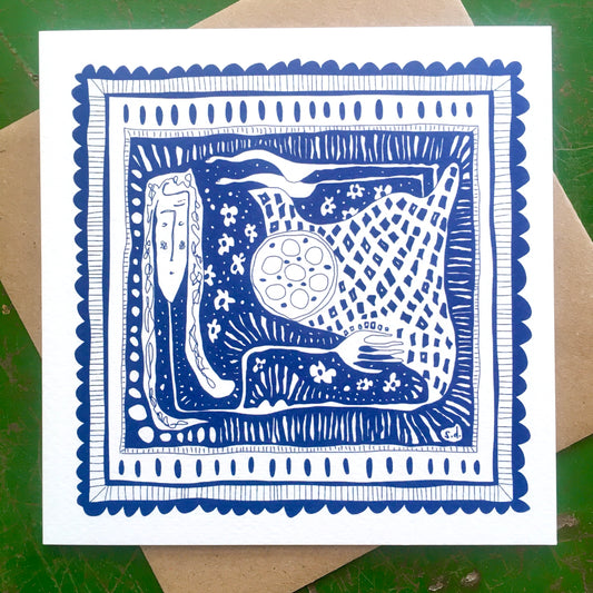 Illustrated Greetings Card (blank inside) with Kraft Brown Envelope (145mm x 145mm) - In Her Box (blue)