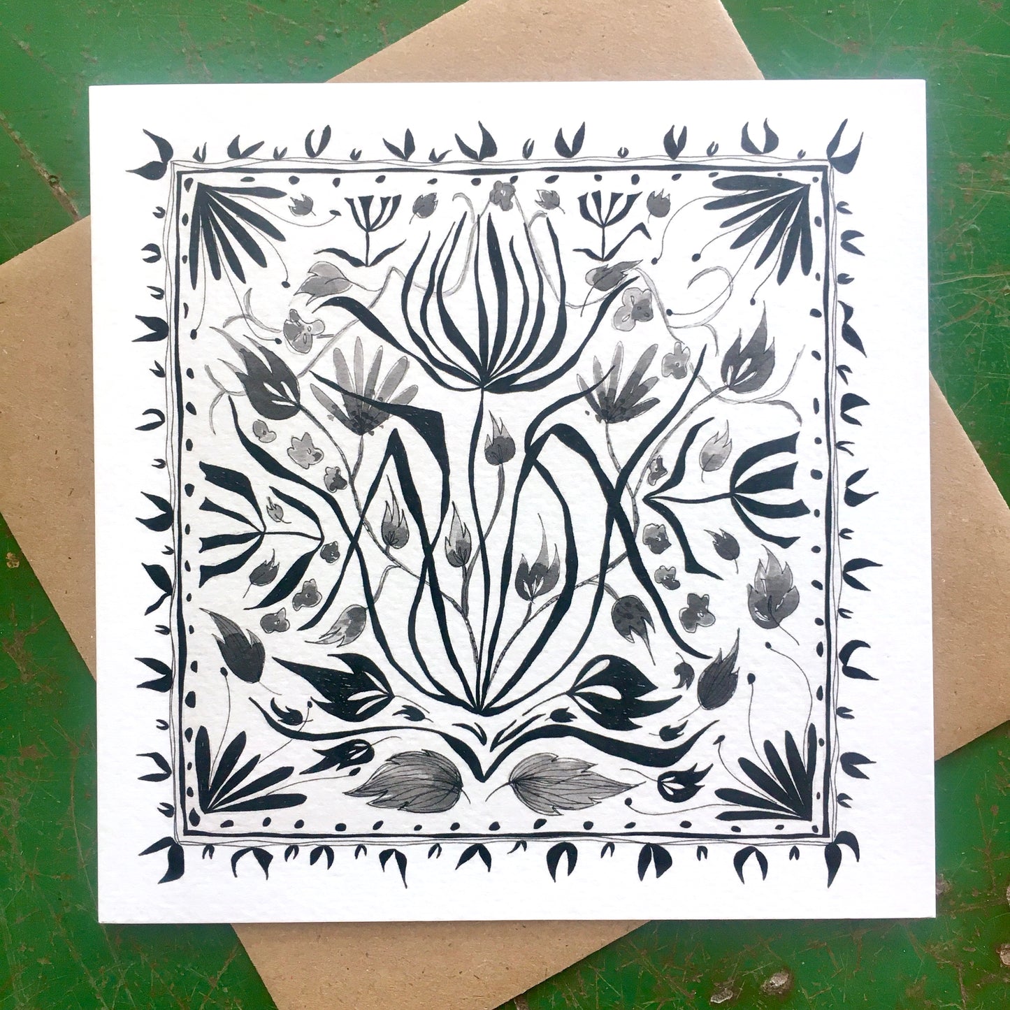 Illustrated Greetings Card (blank inside) with Kraft Brown Envelope (145mm x 145mm) - Square Flowers