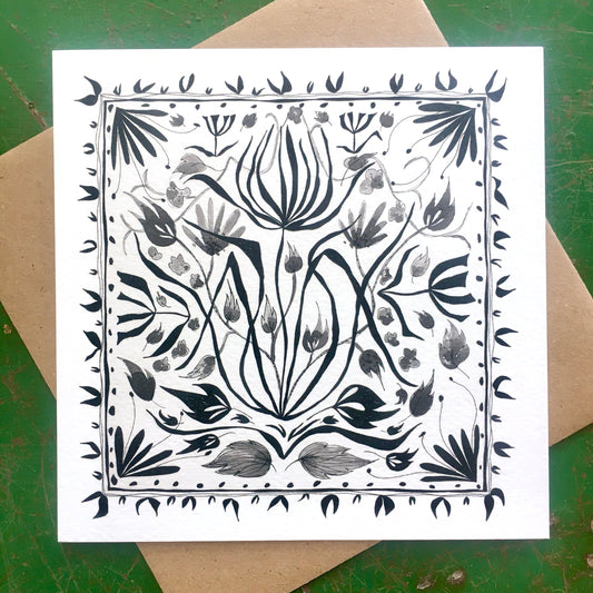 Illustrated Greetings Card (blank inside) with Kraft Brown Envelope (145mm x 145mm) - Square Flowers