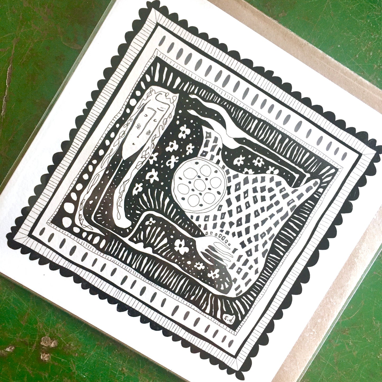 Illustrated Greetings Card (blank inside) with Kraft Brown Envelope (145mm x 145mm) - In Her Box (black)