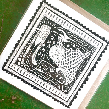 Illustrated Greetings Card (blank inside) with Kraft Brown Envelope (145mm x 145mm) - In Her Box (black)