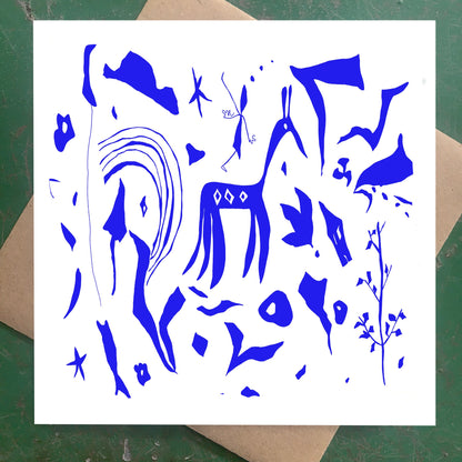 Illustrated Greetings Card (blank inside) with Kraft Brown Envelope (145mm x 145mm) - The Cut-Outs (blue)