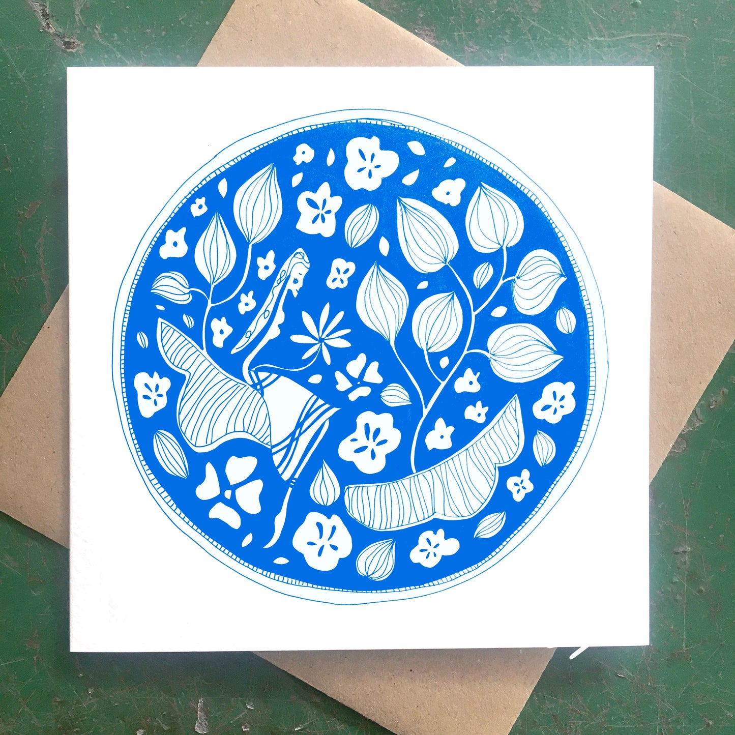 Illustrated Greetings Card (blank inside) with Kraft Brown Envelope (145mm x 145mm) - Life in the clouds (blue)