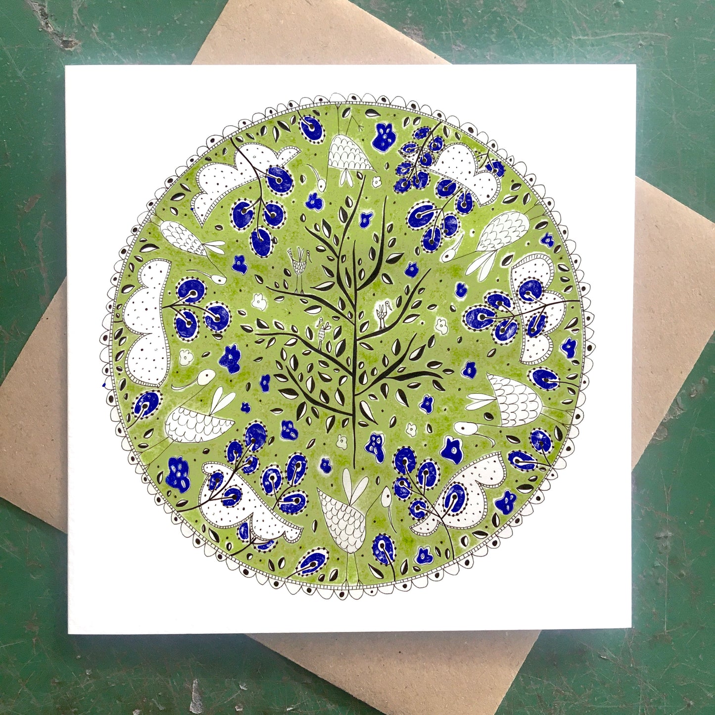 Illustrated Greetings Card (blank inside) with Kraft Brown Envelope (145mm x 145mm) - Green Round
