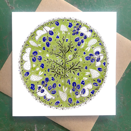 Illustrated Greetings Card (blank inside) with Kraft Brown Envelope (145mm x 145mm) - Green Round