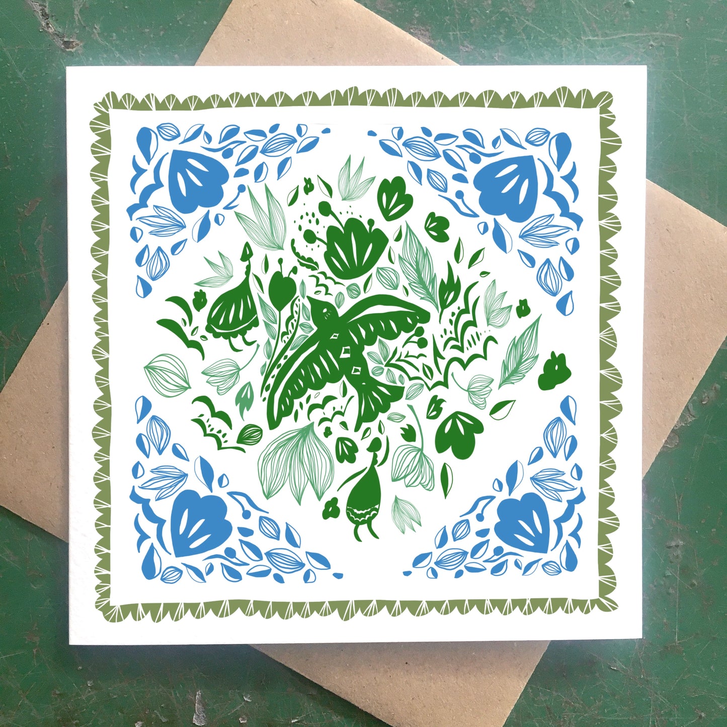 Illustrated Greetings Card (blank inside) with Kraft Brown Envelope (145mm x 145mm) - Diamonds and Birds (Green/blue)